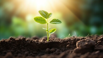 Fototapeta premium A small plant grows in soil against a blurred backdrop of vegetation, illuminated by gentle sun rays.