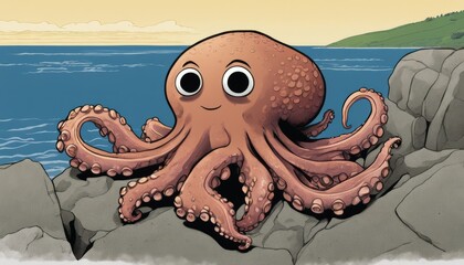 A cute cartoon octopus with googly eyes sitting on rocks