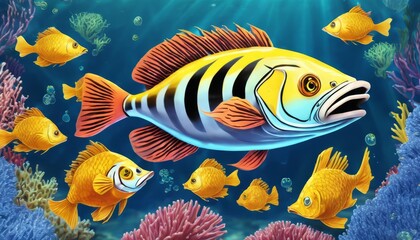 A colorful fish is surrounded by other fish in the ocean