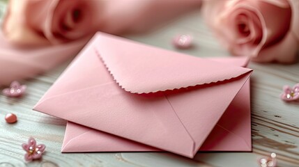 Top view valentines pink envelope on pink background