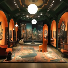 Indoor color photograph of a colorful museum gallery with murals and paintings in recessed wall niches in Vienna Secession style, dramatic color scheme. From the series “Imaginary Museums.
