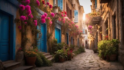 Fototapeta na wymiar a narrow alleyway adorned with colorful street art