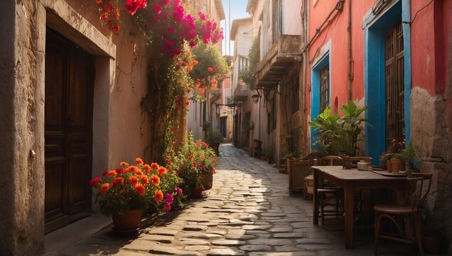 Fototapeta a narrow alleyway adorned with colorful street art