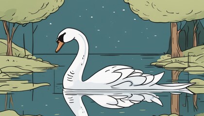 A white swan swimming in a pond at night