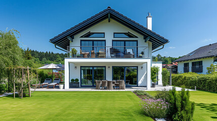 Naklejka premium Idyllic German Home: Bright Facade with Lush Green Grass in Perfect Weather