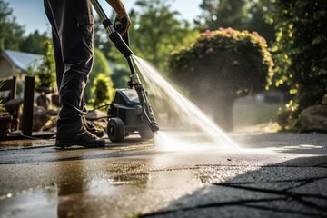 A man uses a power washer to thoroughly clean a driveway, removing dirt and grime effortlessly, Man using electric powered pressure washer to power wash residential concrete driveway, AI Generated - obrazy, fototapety, plakaty