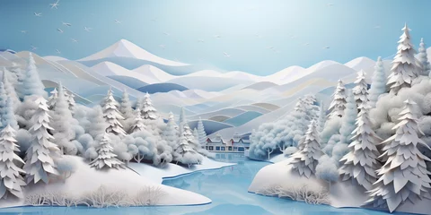 Foto op Plexiglas Winter landscape with frozen river pines and mountains . © ALI
