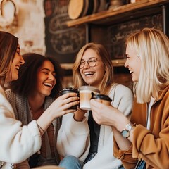 Young women friends drinking and enjoying coffee