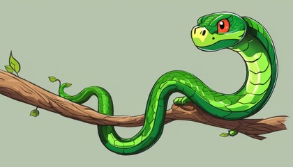 Obraz premium A green snake with red eyes on a branch
