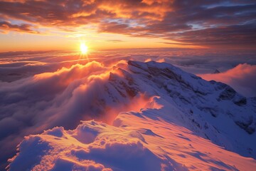 splendid snowy mountain top above the clouds, dramatic sky