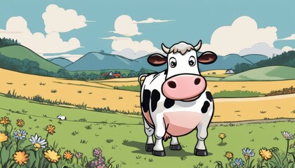 A black and white cow standing in a field of flowers