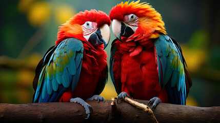 Fototapeta premium Pair of Scarlet Macaws Perched Intimately on a Branch. Generative AI.