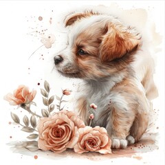 Whimsical Watercolor Puppy Sniffing Flower in Rose Garden Generative AI