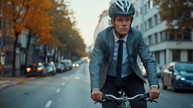 a young man with suit wearing helmet riding a bicycle on a road to work