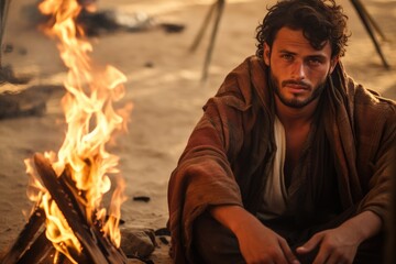 Fototapeta premium A man sits outdoors in front of a fire, finding comfort and relaxation in the warmth it provides., Middle easterner youthful man sitting around campfire within the forsake, AI Generated