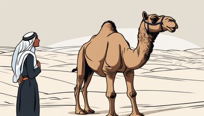 A man in a white turban stands next to a camel