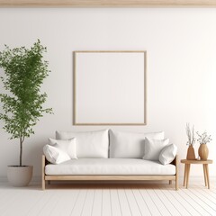 modern calm living room with sofa and mockup for painting, empty space for text 

