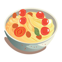 Paste of colorful set. This illustration celebrates the pasta with tomatoes, showcasing a tasty dish meticulously designed with a dash of cartoon creativity. Vector illustration.