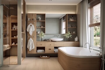 Fototapeta na wymiar A comfortable bathroom featuring a generously-sized tub and sink, creating a relaxing and functional space., Modern farhmouse decor bathroom with wood accents and pale colors, AI Generated