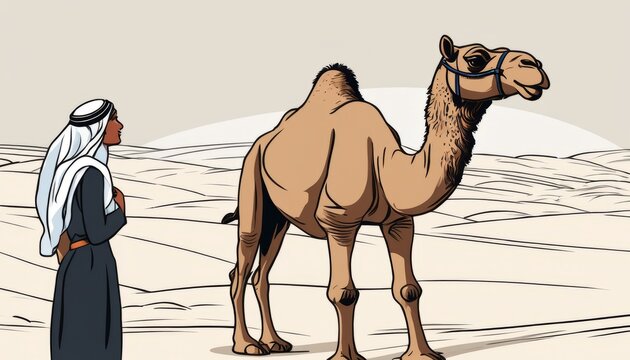 A man in a white turban stands next to a camel