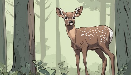 A deer in the woods with trees in the background
