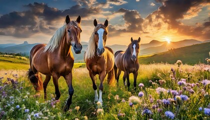 Pedigree horses on a pasture in summer - obrazy, fototapety, plakaty