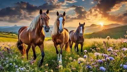 Fototapeten Pedigree horses on a pasture in summer © Gabriella88