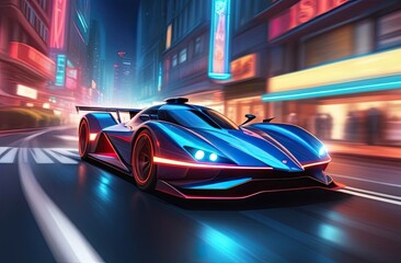 Tuned Sport Car , cyberpunk Retro Sports Car On Neon Highway. Powerful acceleration of a supercar on a night track with colorful lights and trails. 3d render, neons, cybercity background. - obrazy, fototapety, plakaty