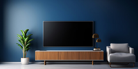 Tv and cabinet in modern living room with armchair on dark blue concrete wall background .