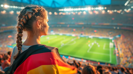 Girl fan stands in stadium, holding Germany flag, embodying national pride and sports enthusiasm under bright skies of  eventful game day. Concept of sport competitions, tournaments and sport games