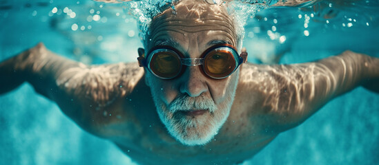 Elderly man,  swimmer in the pool. - obrazy, fototapety, plakaty
