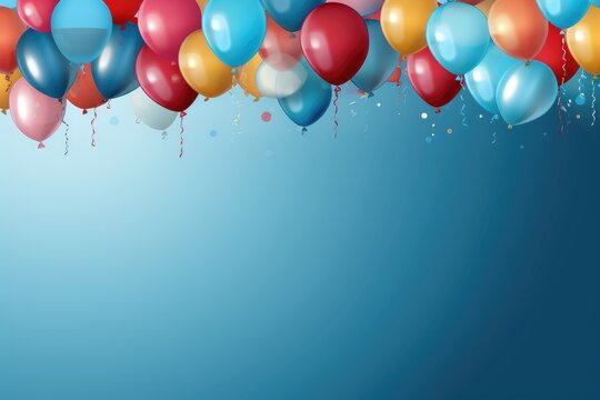 A delightful image capturing a bunch of colorful balloons floating effortlessly in the air., Multicolored carnival or birthday background on blue with a frame of colorful party balloons, AI Generated