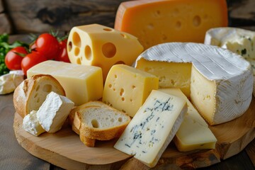 Cheese platter with different types of cheese and snacks on a wooden table. Dairy products. Assortment of cheese with copy space. International cheese specialities. wine snacks concept.