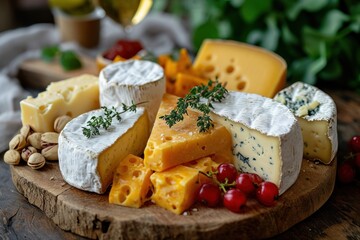 Cheese platter with different types of cheese and snacks on a wooden table. Dairy products. Assortment of cheese with copy space. International cheese specialities. wine snacks concept.