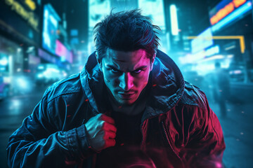Fototapeta premium Futuristic neon cyberpunk cyborg futuristic personage from video game in night city neon lights designed with generative AI