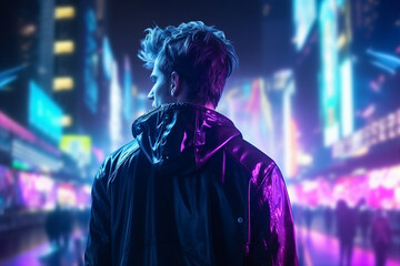 Ai generated picture image of male cyborg personage in a cyberpunk city illuminated neon colors