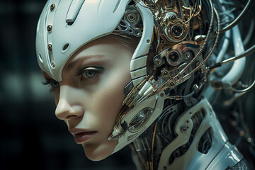 Picture of futuristic female smart modern robot created with generative AI technology