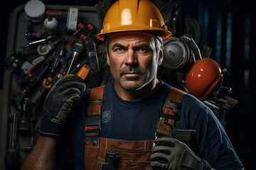 Generative ai photo image of a professional male in workwear with tools for repairing renovating and reconstruction