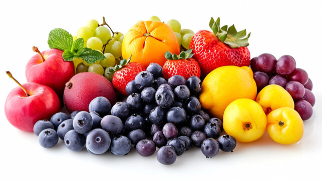 View of Delicious fresh Apples, Malta, Grapes, and other Fruit on a white background