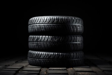 Image of three black vehicle tires stacked vertically on top of each other against a white background., New tires pile on a dark black background, AI Generated