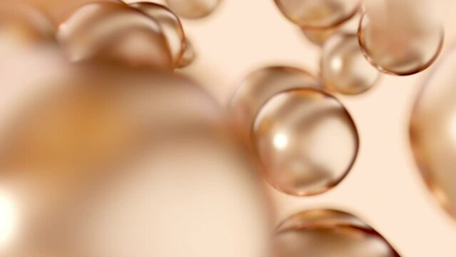Essential cosmetic oil bubbles floating in water. Golden liquid sphere shaped, fluid flow background. Moisturizing hydrating collagen cream. Skin care serum beauty care vitamin concept 3d animation