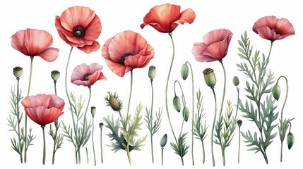 Detailed Pencil Sketches and Watercolor Poppy Plants and Flowers for Architects Generative AI
