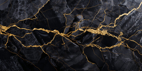 Abstract black marble background with golden veins Japanese kintsugi technique .
