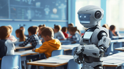 An android robot is in a big classroom with school children. AI learning, technologies development - obrazy, fototapety, plakaty