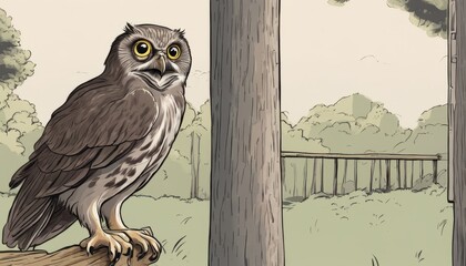A cartoon drawing of an owl sitting on a tree branch