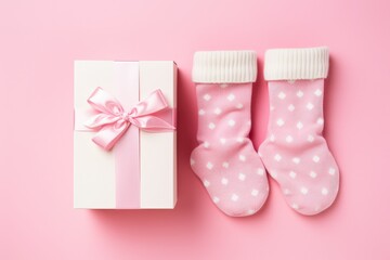 A pair of socks and a gift box sit on a pink background, ready to be given as a thoughtful gesture., Pair of small baby socks and gift box on pink background with copy space, AI Generated