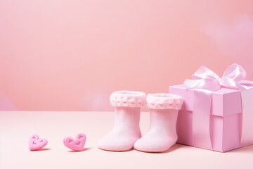 A pink gift box with a pair of babys socks next to it, suitable for a newborn or baby shower gift., Pair of small baby socks and gift box on pink background with copy space, AI Generated