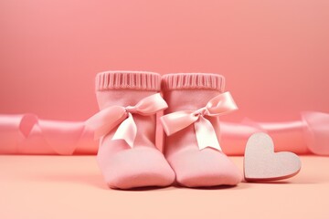 A pair of cute pink baby boots with a heart design, set against a pink background., Pair of small baby socks and gift box on pink background with copy space, AI Generated