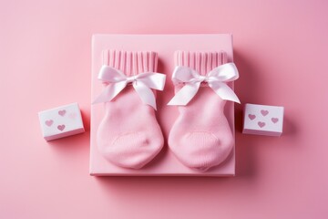 A pair of pink socks featuring a white bow, displayed against a pink background., Pair of small baby socks and gift box on pink background with copy space, AI Generated