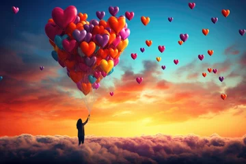 Deurstickers A joyful person holds a bunch of colorful balloons high up in the clear blue sky., People reach their hand to colorful hearts in the sky, AI Generated © Iftikhar alam